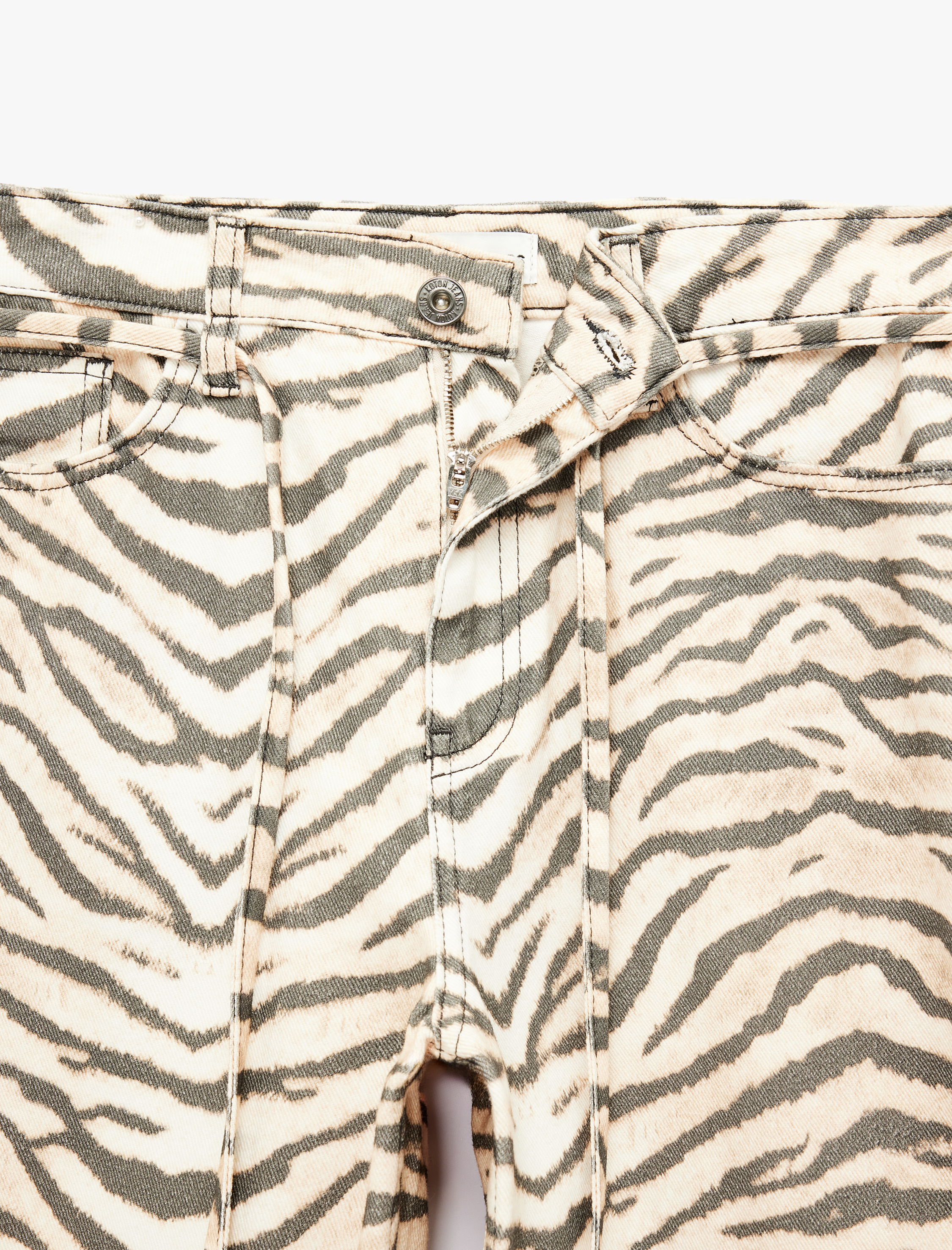   Cepli Zebra Desenli Normal Bel Bağcıklı Pamuklu Geniş Paça Denim Pantolon -  Wide Leg Jeans