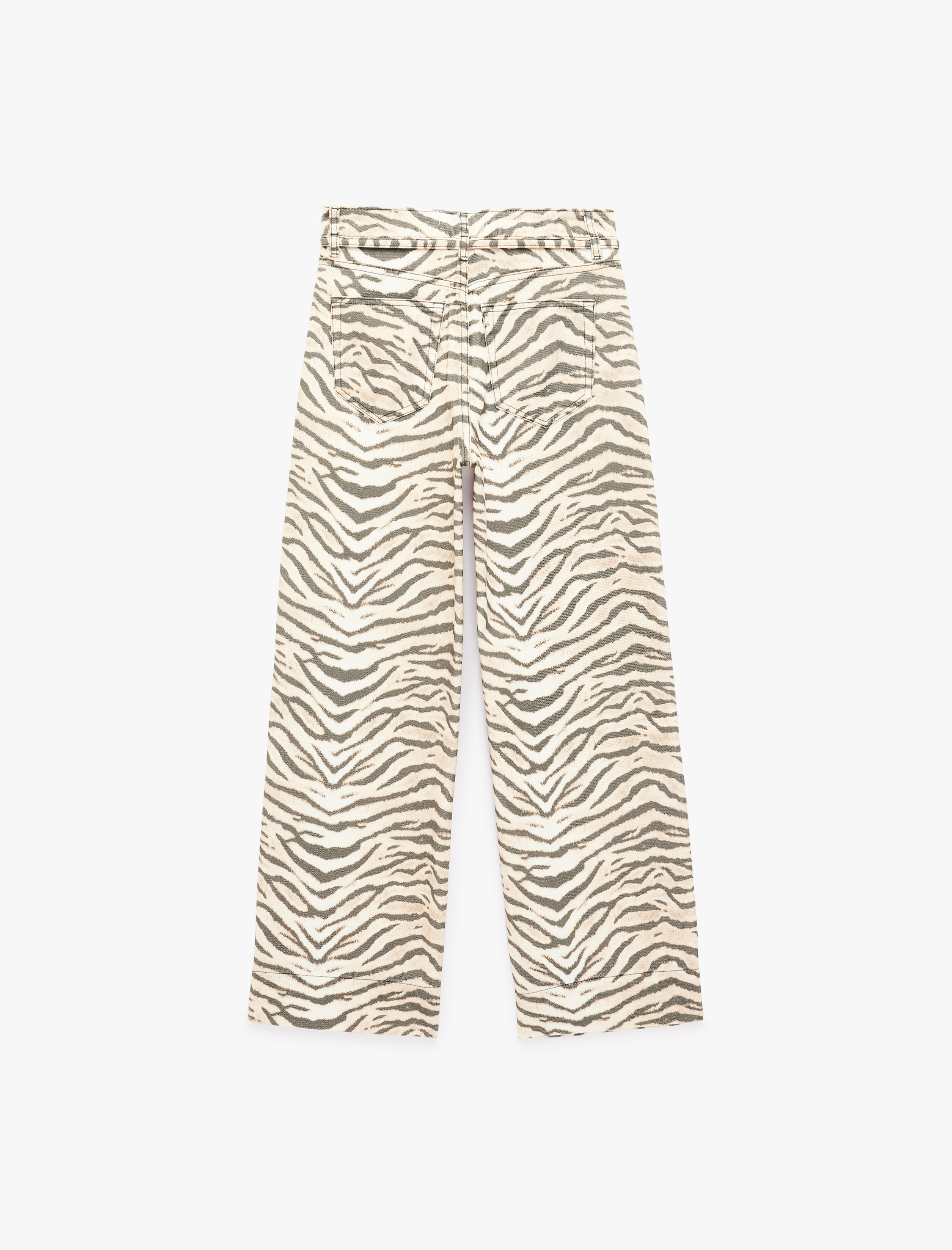   Cepli Zebra Desenli Normal Bel Bağcıklı Pamuklu Geniş Paça Denim Pantolon -  Wide Leg Jeans