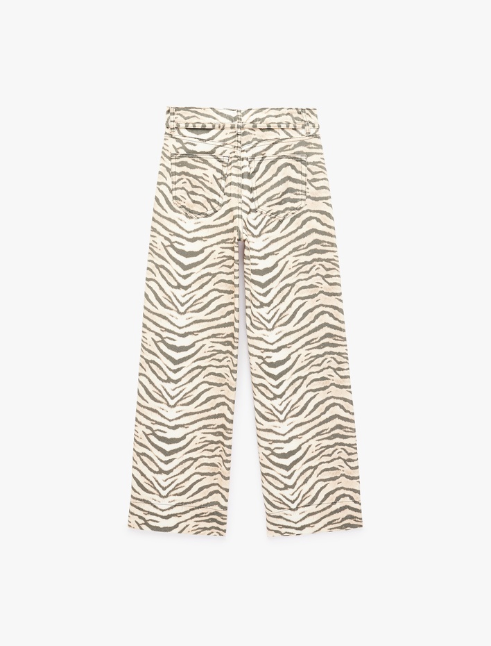  Cepli Zebra Desenli Normal Bel Bağcıklı Pamuklu Geniş Paça Denim Pantolon -  Wide Leg Jeans
