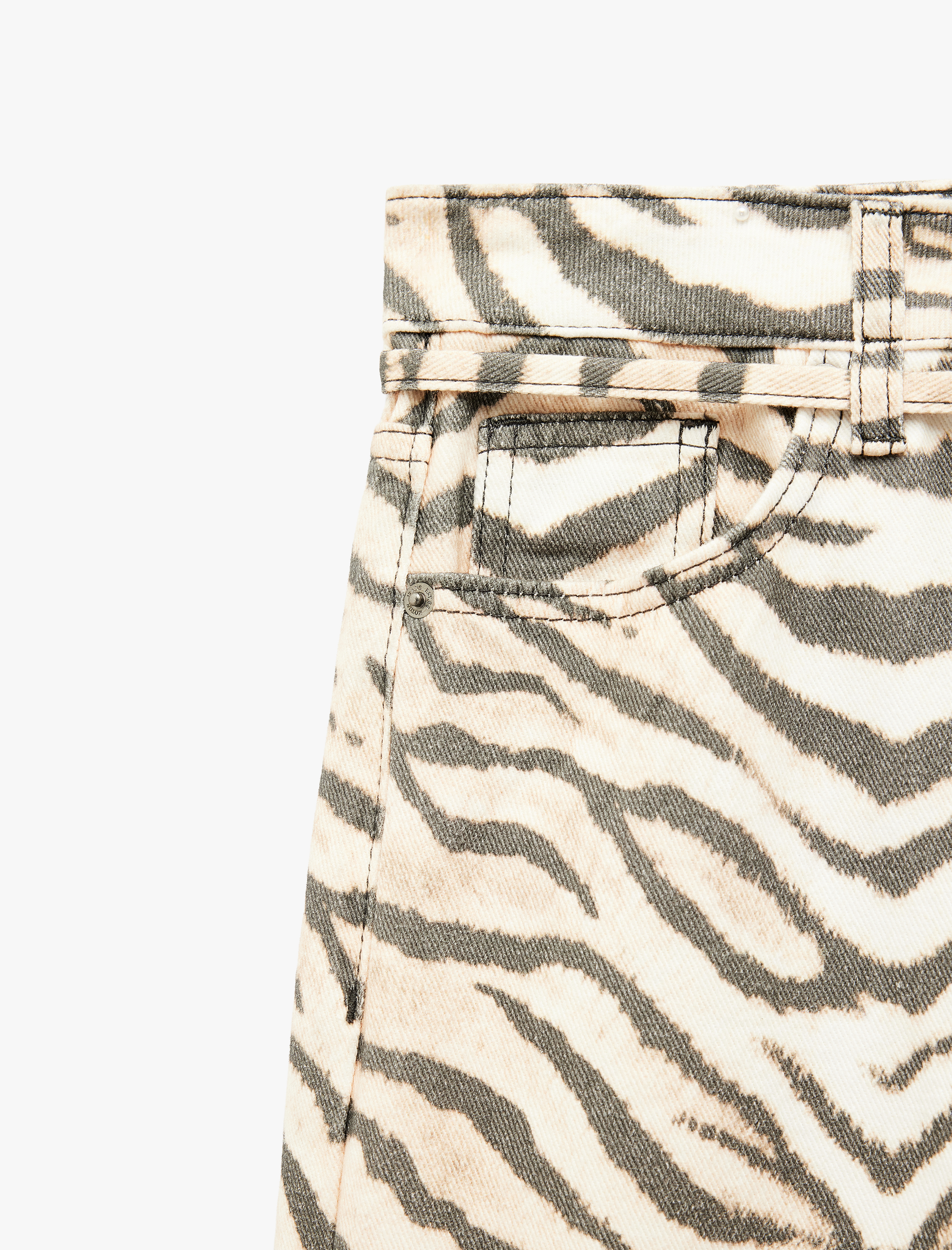   Cepli Zebra Desenli Normal Bel Bağcıklı Pamuklu Geniş Paça Denim Pantolon -  Wide Leg Jeans
