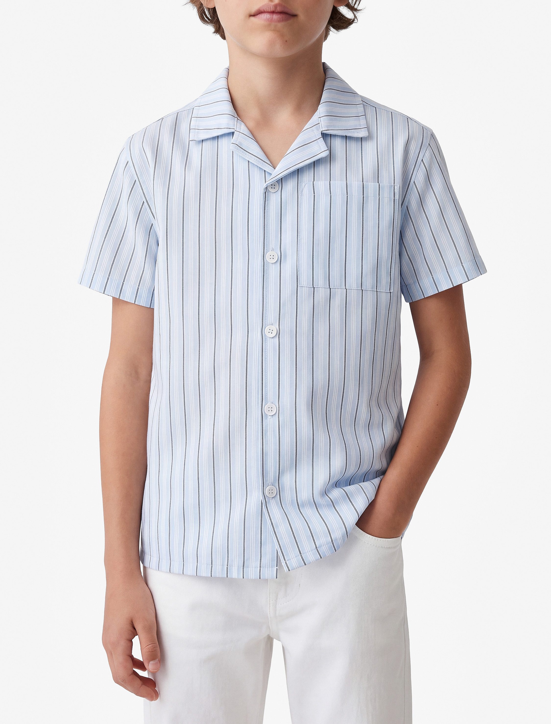  Erkek Çocuk Cep Detaylı Bol Kesim Kısa Kollu Yakalı Oversize Çizgili Poplin Gömlek