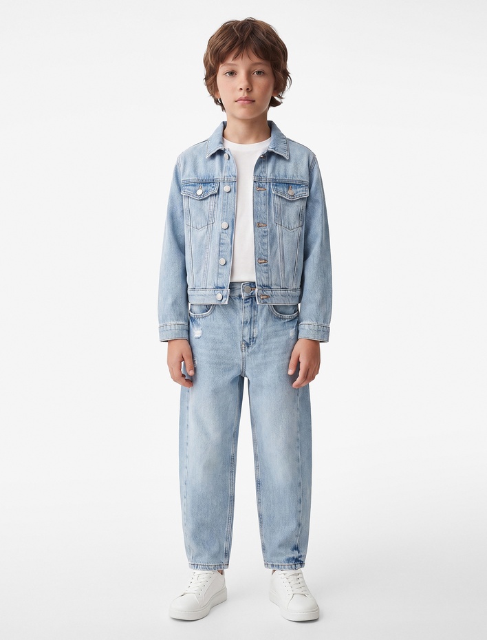 Erkek Çocuk Barrel Denim Pantolon Pamuklu Cep Detaylı