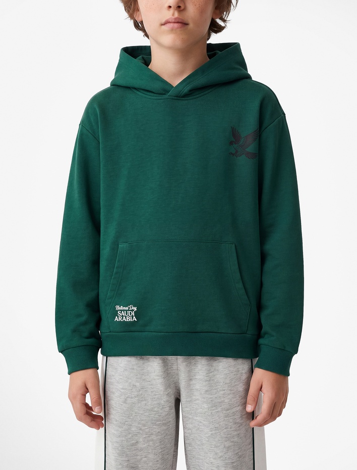 Erkek Çocuk Kartal Baskılı Kanguru Cepli Uzun Kollu Oversize Kapşonlu Okul Sweatshirt