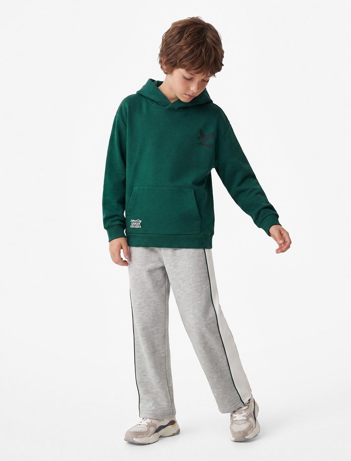 Erkek Çocuk Kartal Baskılı Kanguru Cepli Uzun Kollu Oversize Kapşonlu Okul Sweatshirt