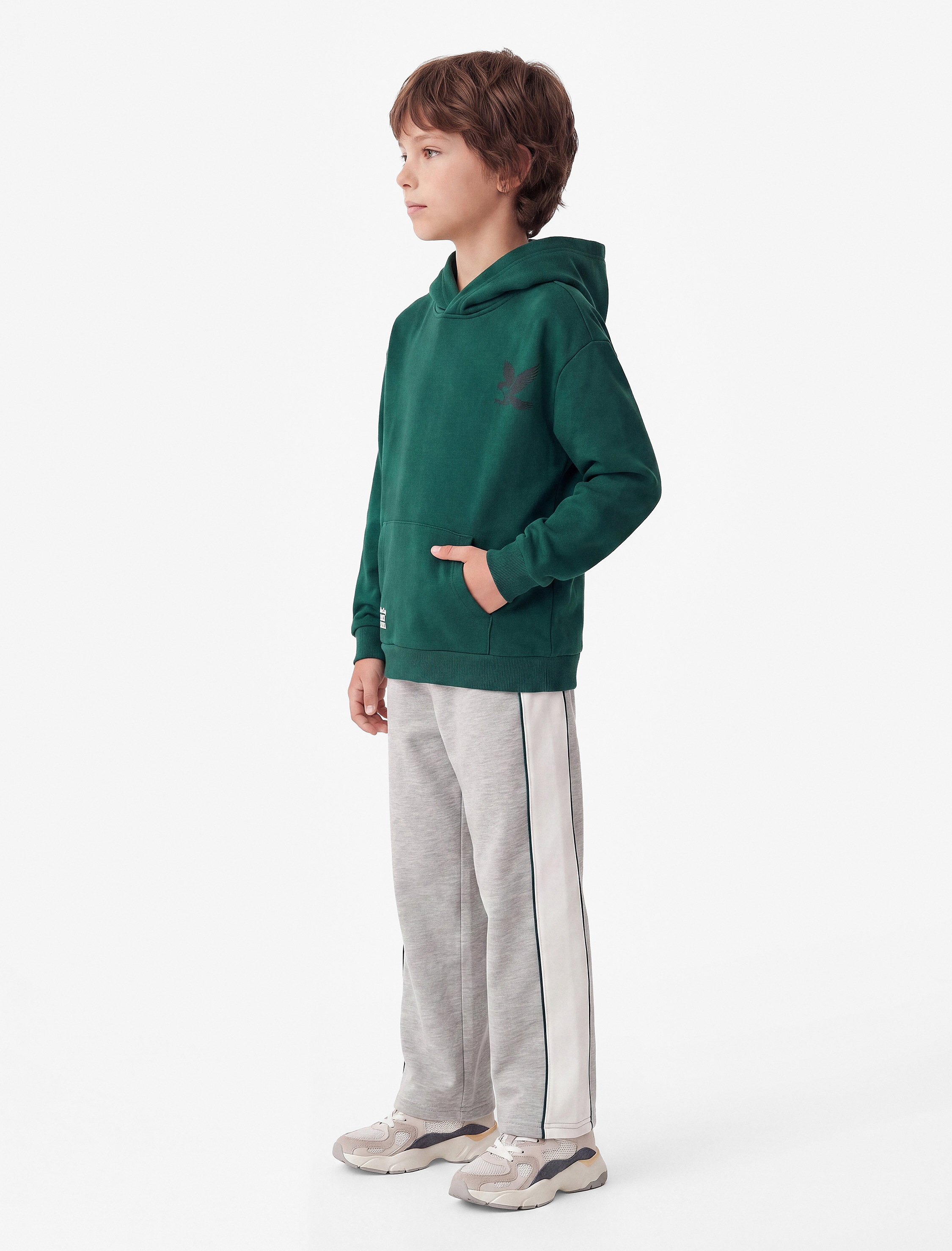  Erkek Çocuk Kartal Baskılı Kanguru Cepli Uzun Kollu Oversize Kapşonlu Sweatshirt