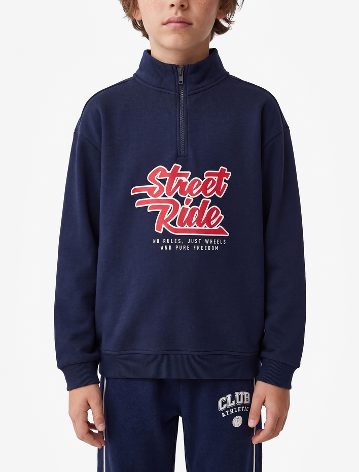 Erkek Çocuk Dik Yaka Fermuarlı Uzun Kollu Şardonlu Baskılı Pamuklu Sweatshirt