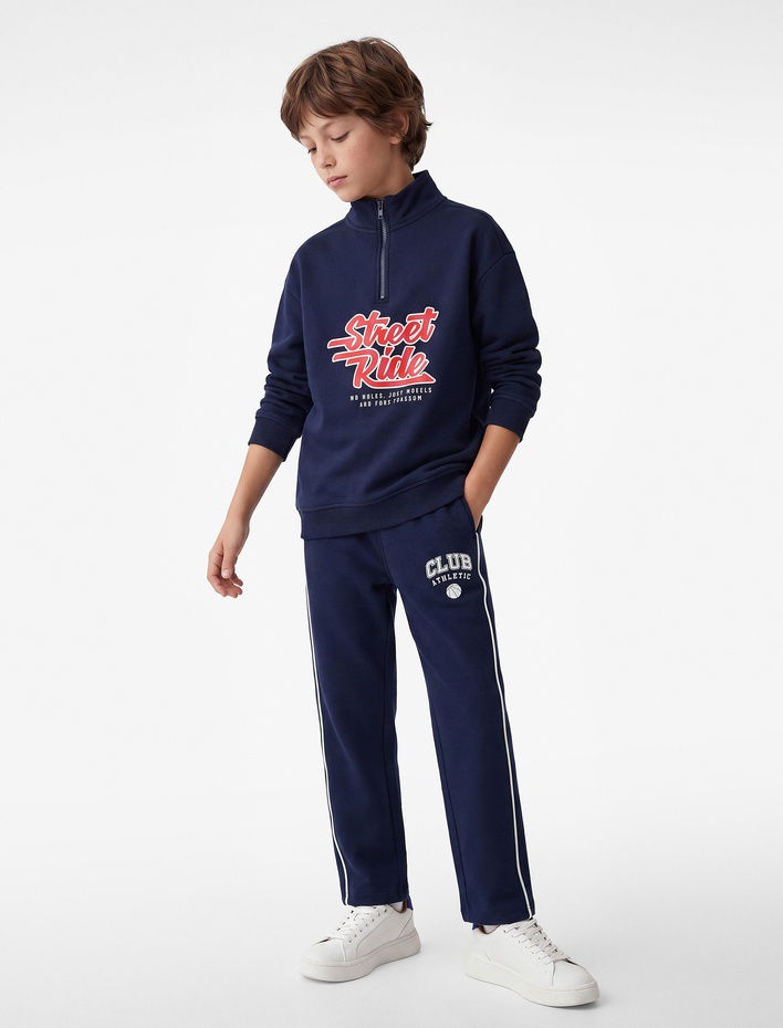 Erkek Çocuk Dik Yaka Fermuarlı Uzun Kollu Şardonlu Baskılı Pamuklu Sweatshirt