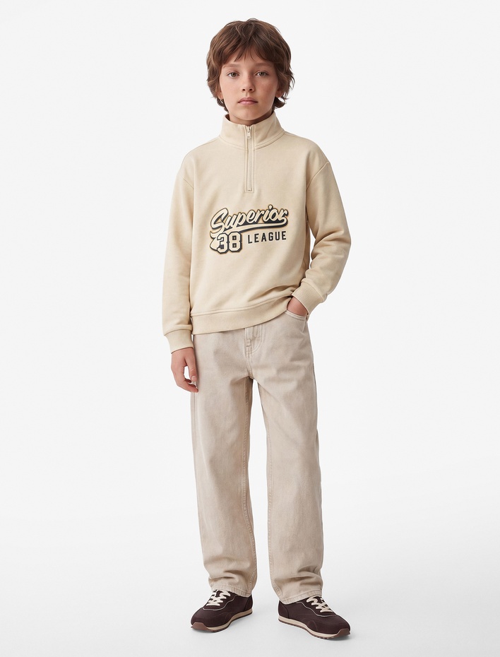 Erkek Çocuk Baskılı Fermuarlı Uzun Kollu Pamuklu Dik Yaka Sweatshirt