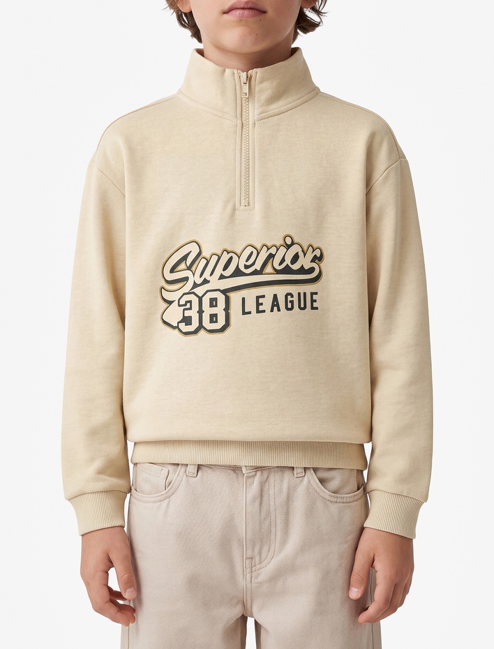 Erkek Çocuk Baskılı Fermuarlı Uzun Kollu Pamuklu Dik Yaka Sweatshirt