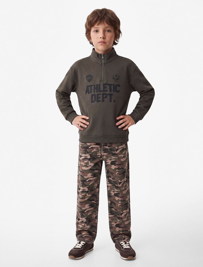 Erkek Çocuk Baskılı Uzun Kollu Şardonlu Pamuklu Yarım Fermuarlı Dik Yaka Sweatshirt