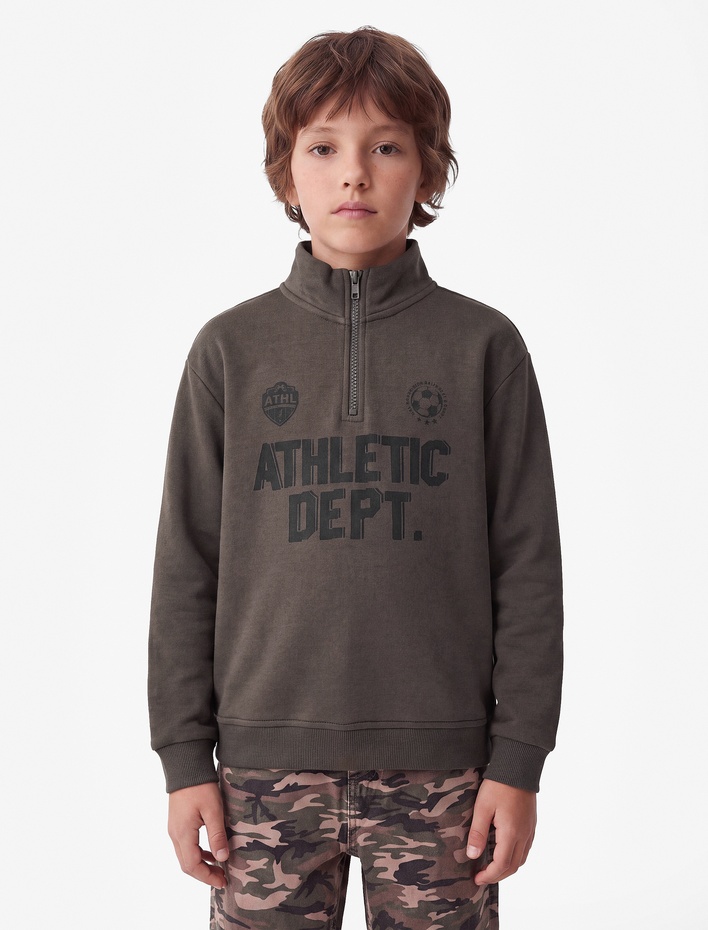Erkek Çocuk Baskılı Uzun Kollu Şardonlu Pamuklu Yarım Fermuarlı Dik Yaka Sweatshirt