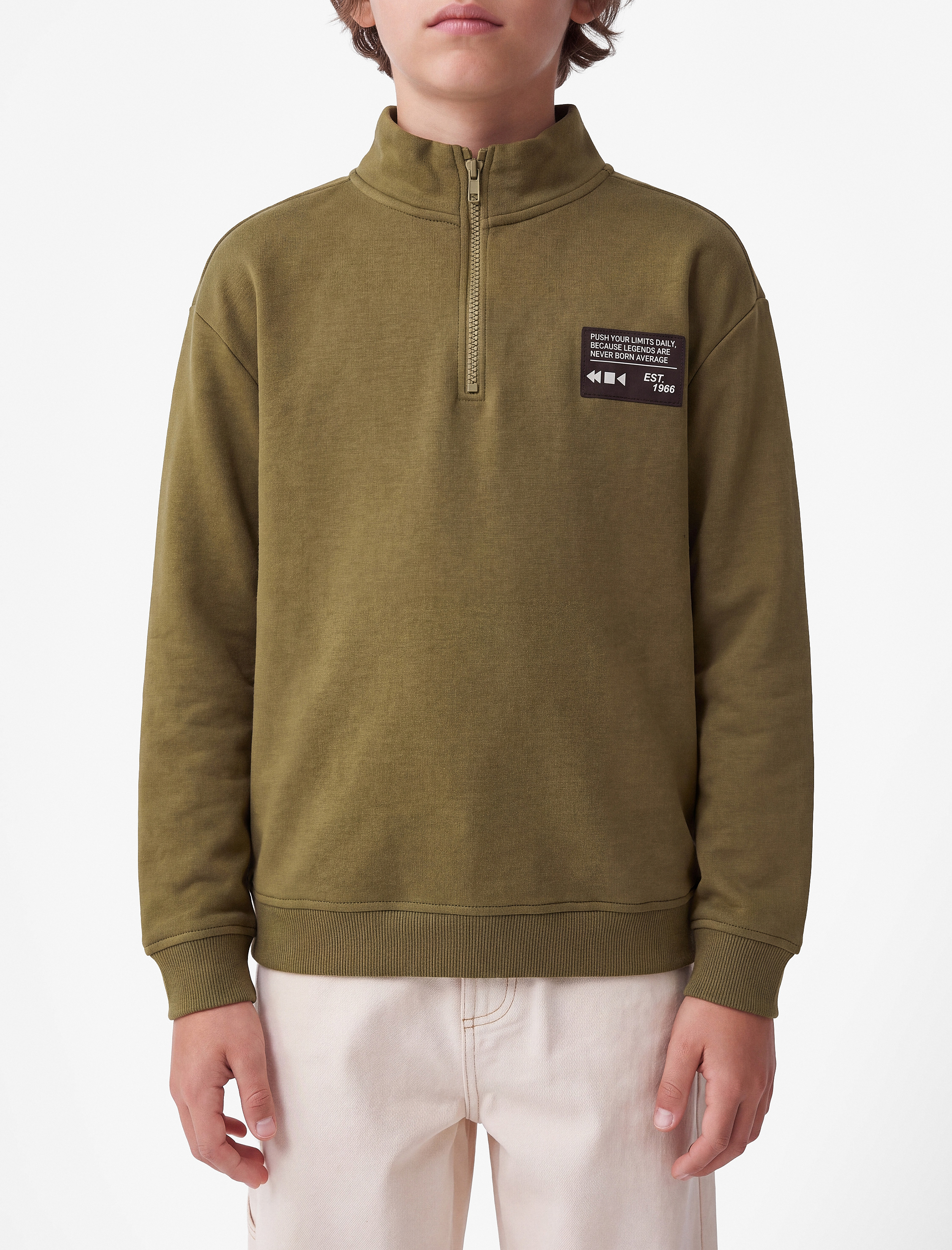  Erkek Çocuk Baskılı Uzun Kollu Şardonlu Pamuklu Yarım Fermuarlı Dik Yaka Sweatshirt