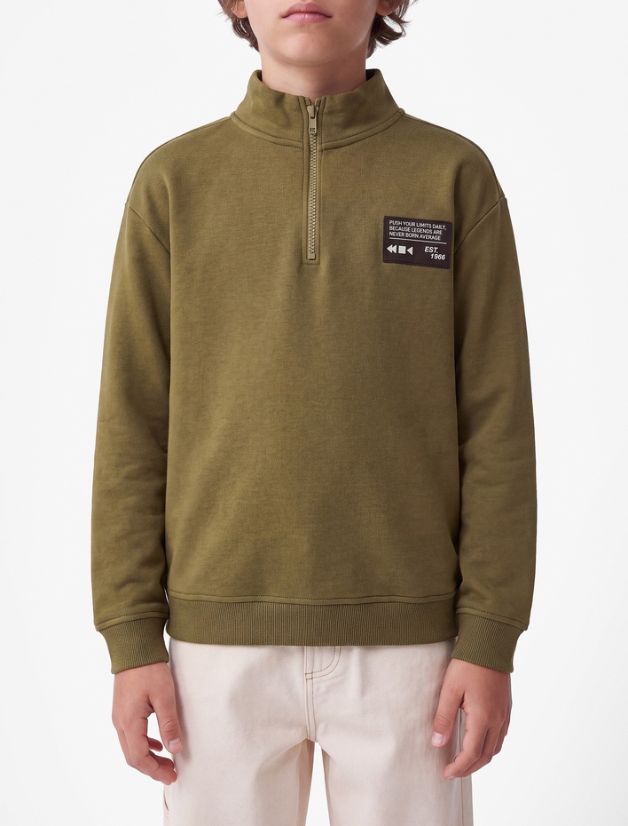 Erkek Çocuk Pamuklu Fermuarlı Şardonlu Uzun Kollu Baskılı Dik Yaka Sweatshirt