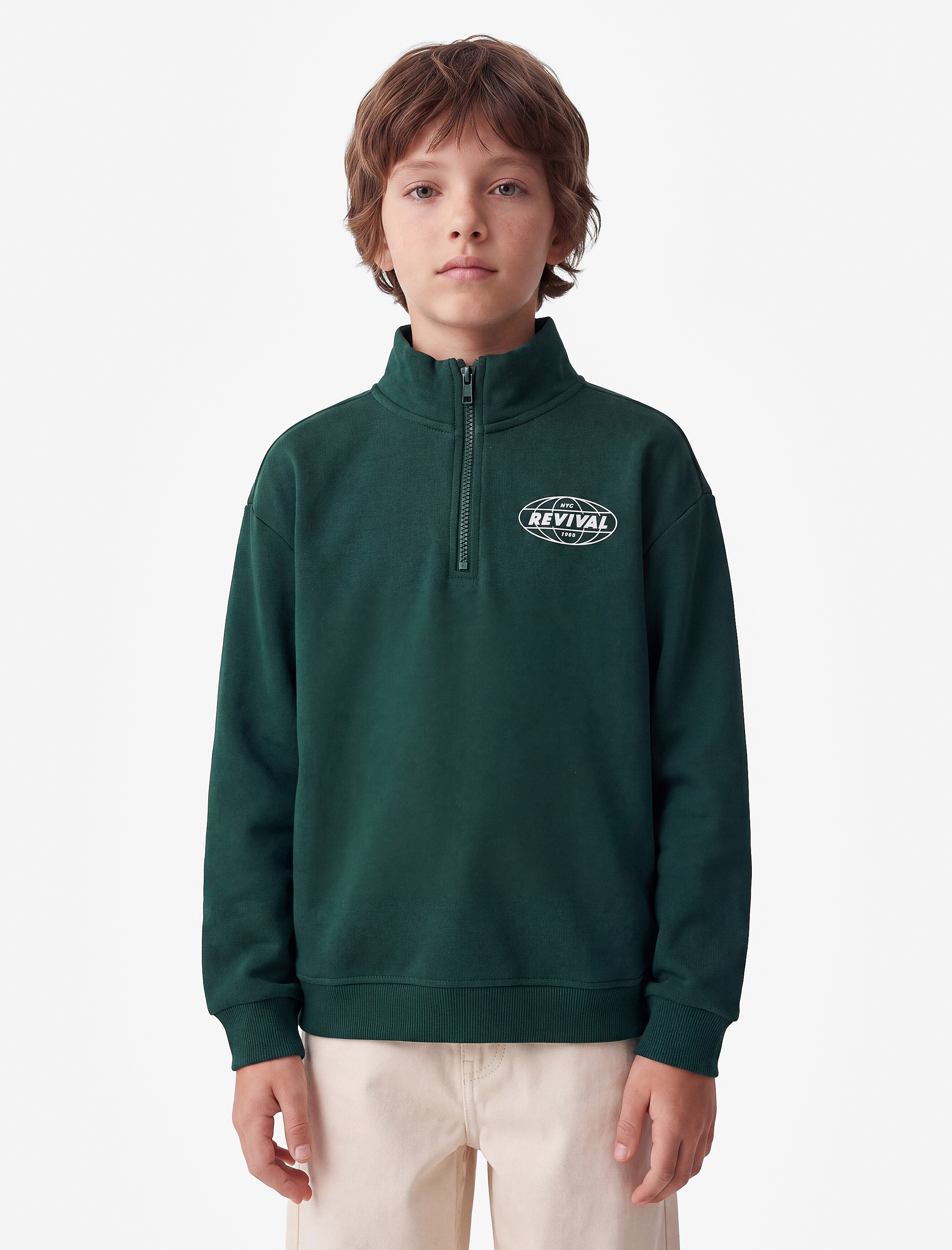 Erkek Çocuk Baskılı Uzun Kollu Şardonlu Pamuklu Yarım Fermuarlı Dik Yaka Sweatshirt