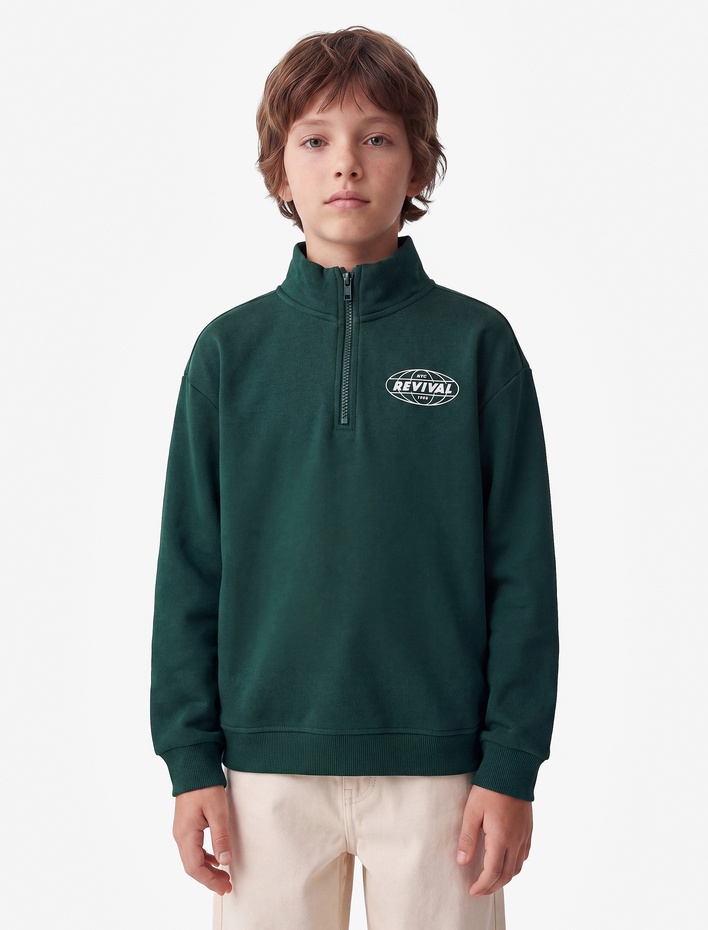 Erkek Çocuk Baskılı Şardonlu Pamuklu Fermuar Detaylı Uzun Kollu Dik Yaka Sweatshirt