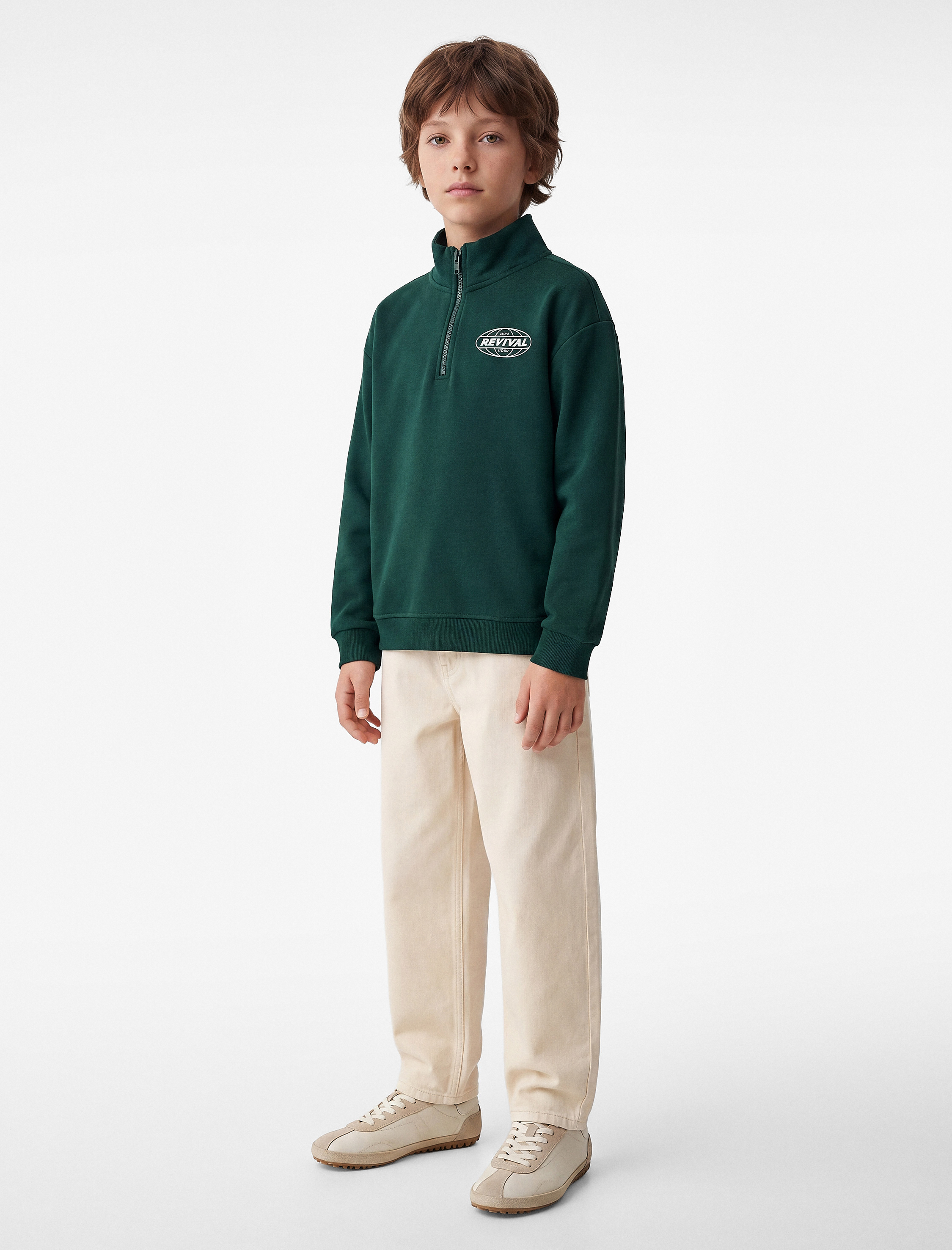  Erkek Çocuk Baskılı Uzun Kollu Şardonlu Pamuklu Yarım Fermuarlı Dik Yaka Sweatshirt