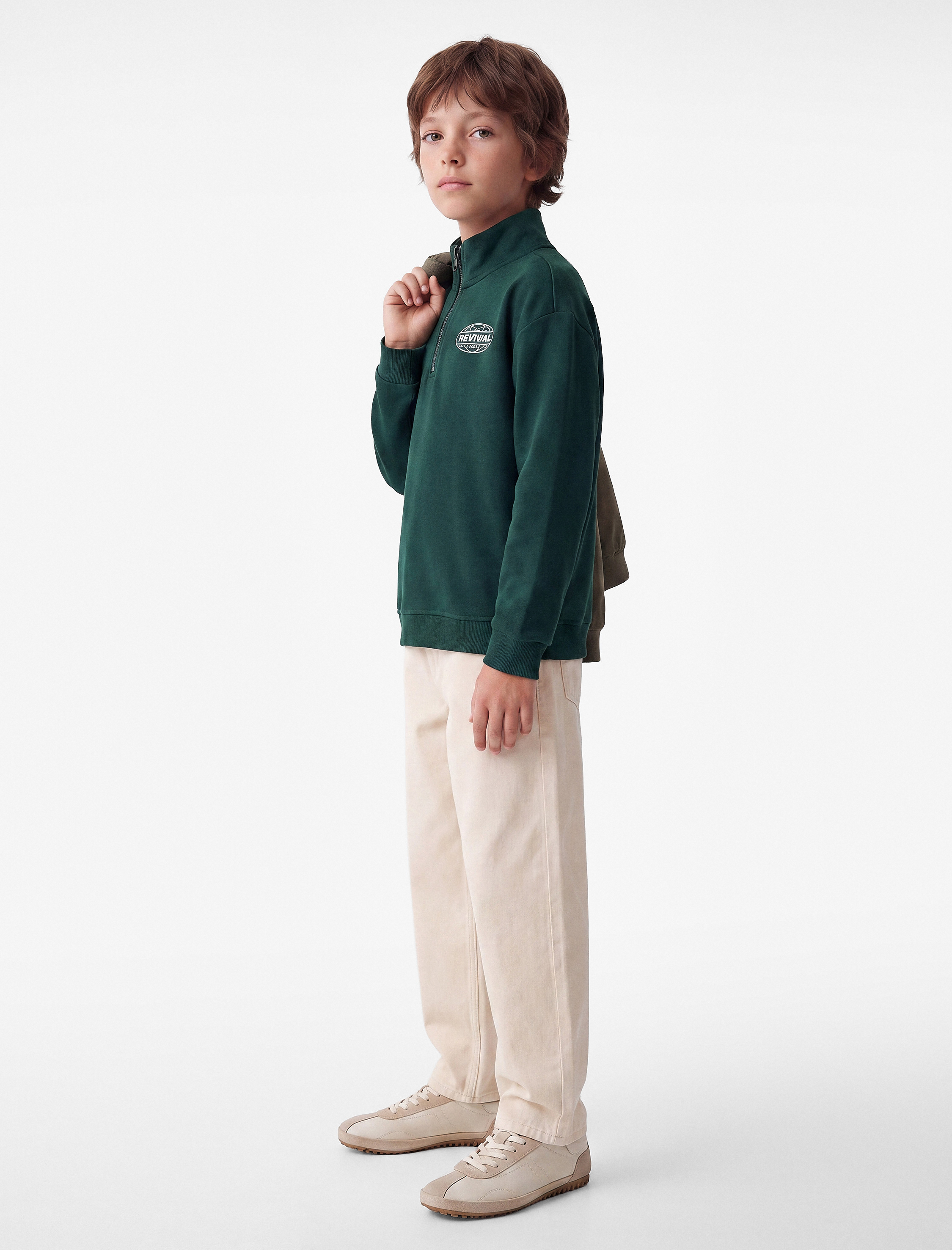  Erkek Çocuk Baskılı Uzun Kollu Şardonlu Pamuklu Yarım Fermuarlı Dik Yaka Sweatshirt