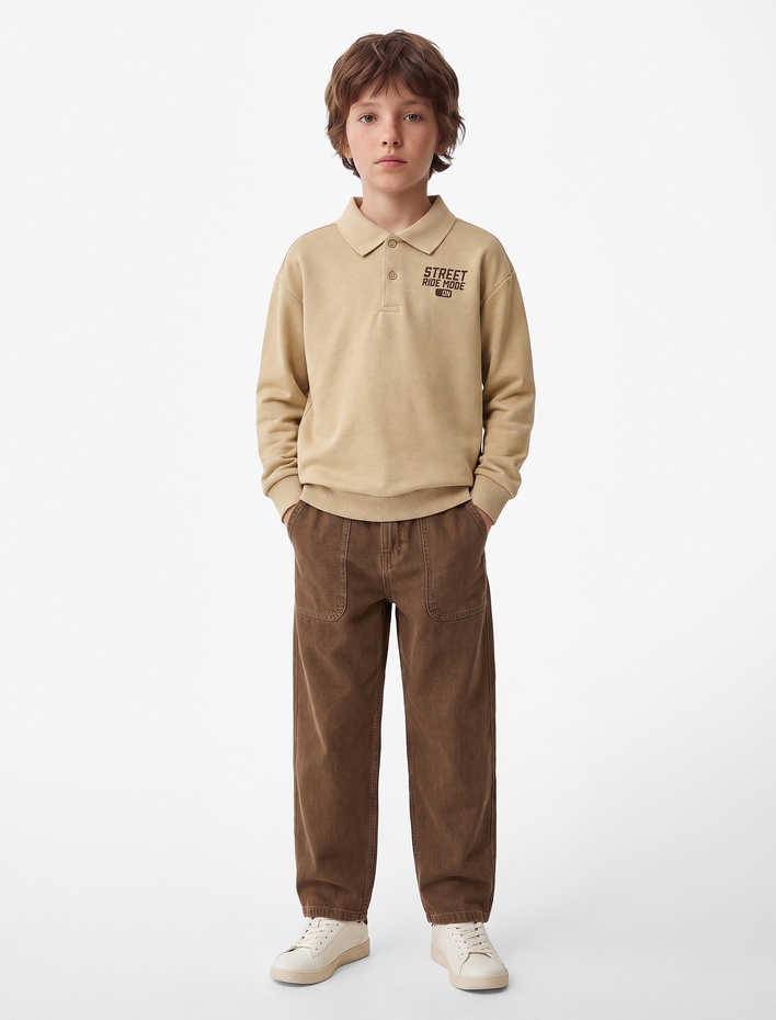 Erkek Çocuk Düğme Detaylı Baskılı Uzun Kollu Polo Yaka Sweatshirt