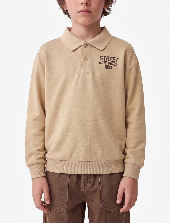 Erkek Çocuk Düğme Detaylı Baskılı Uzun Kollu Polo Yaka Sweatshirt