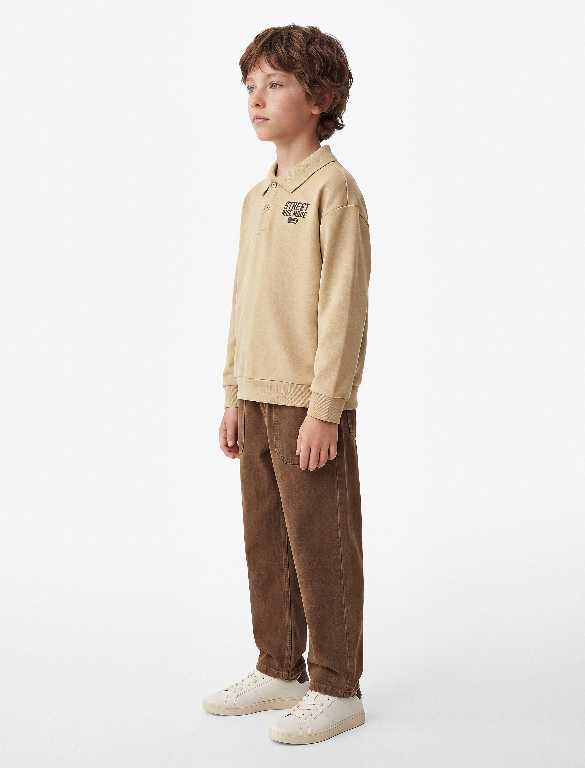  Erkek Çocuk Düğmeli Baskılı Uzun Kollu Polo Yaka Sweatshirt