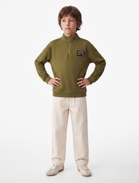 Baskılı Uzun Kollu Şardonlu Pamuklu Yarım Fermuarlı Dik Yaka Sweatshirt