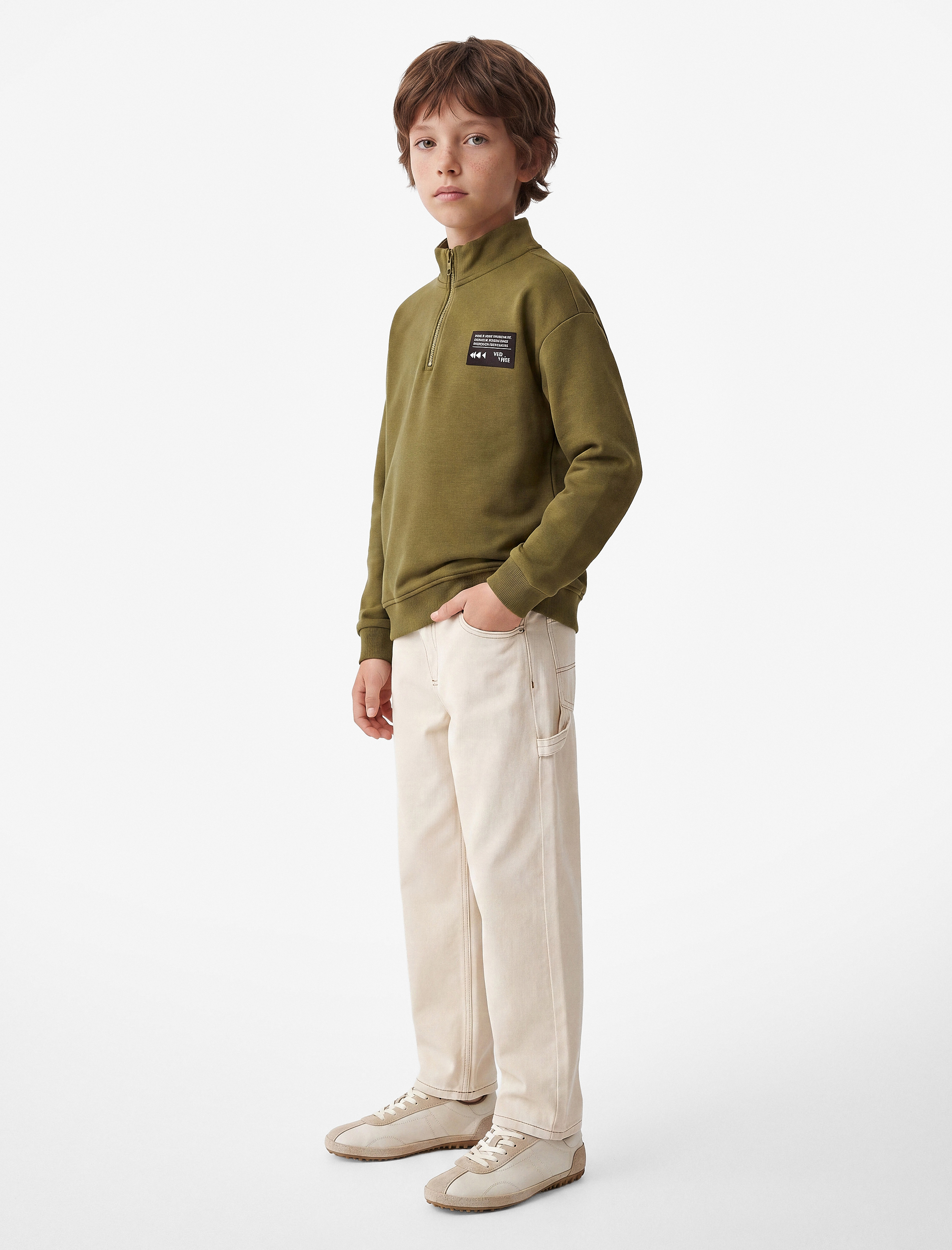  Erkek Çocuk Baskılı Uzun Kollu Şardonlu Pamuklu Yarım Fermuarlı Dik Yaka Sweatshirt
