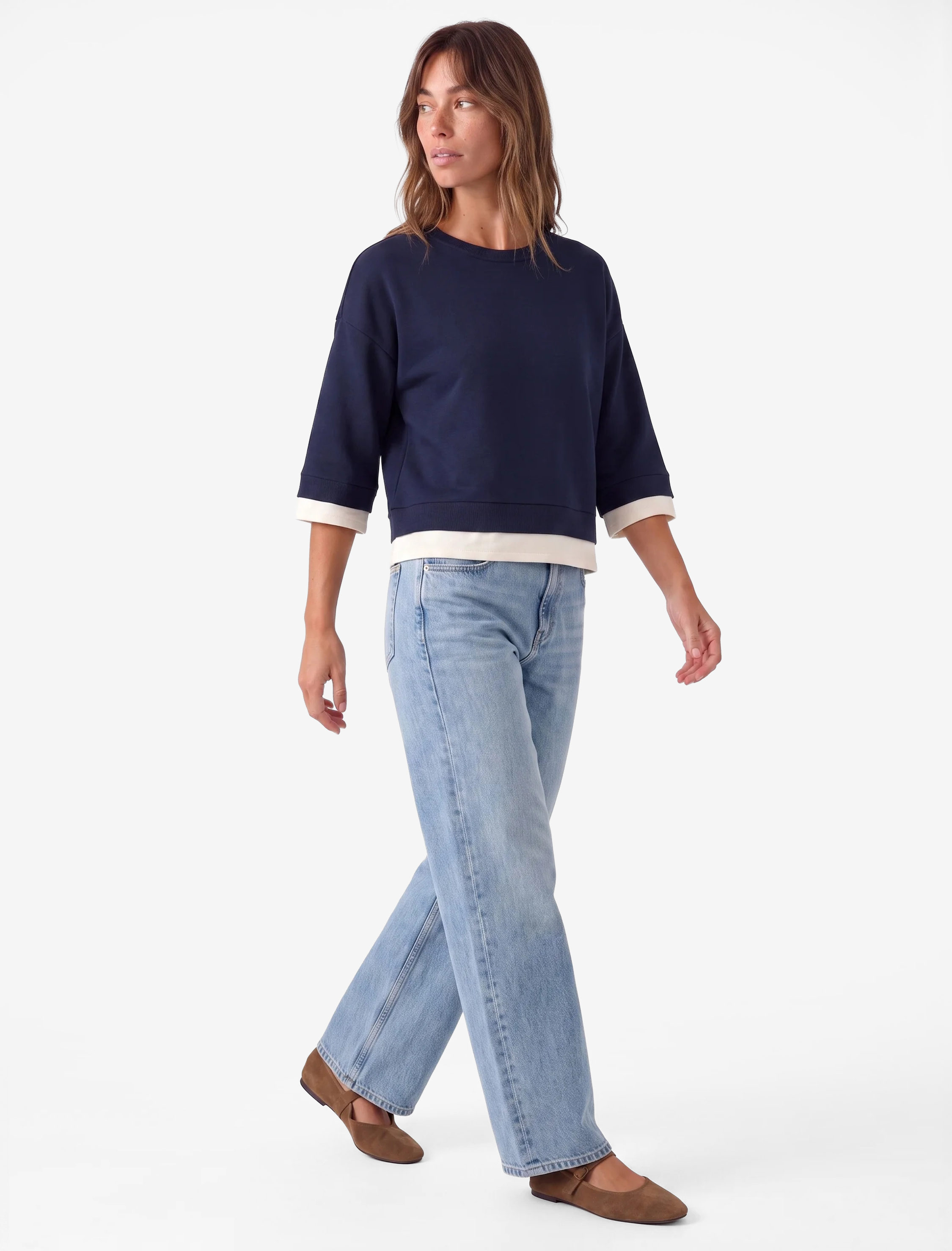 Koton Renk Bloklu Regular Fit Bisiklet Yaka 3/4 Kol Basic Sweatshirt