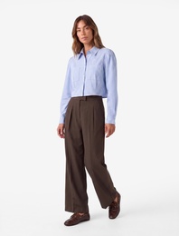 Pamuklu Regular Fit Pileli Cepli Uzun Kollu Klasik Yaka Çizgili Crop Gömlek