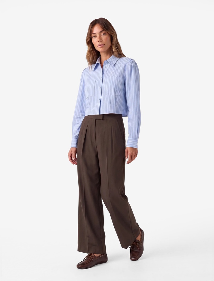  Pamuklu Regular Fit Pileli Cepli Uzun Kollu Klasik Yaka Çizgili Crop Gömlek