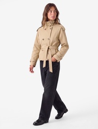 Gabardin Kemerli Cepli Dik Yaka Reglan Kollu Kruvaze Trençkot