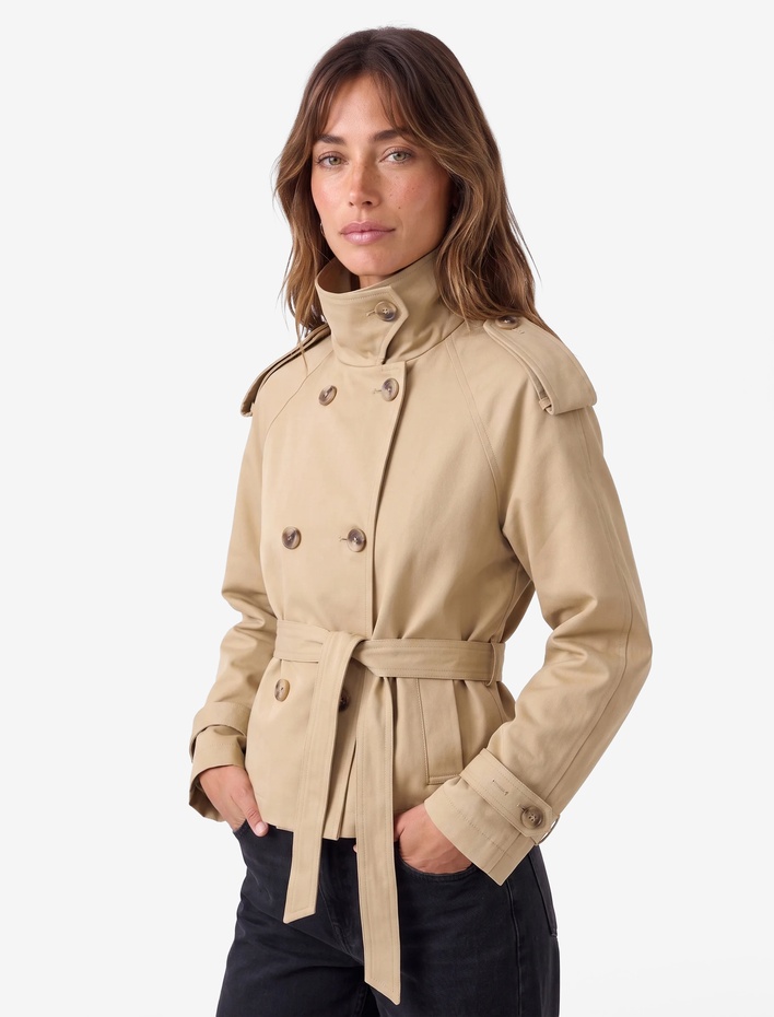  Gabardin Kemerli Cepli Dik Yaka Reglan Kollu Kruvaze Trençkot