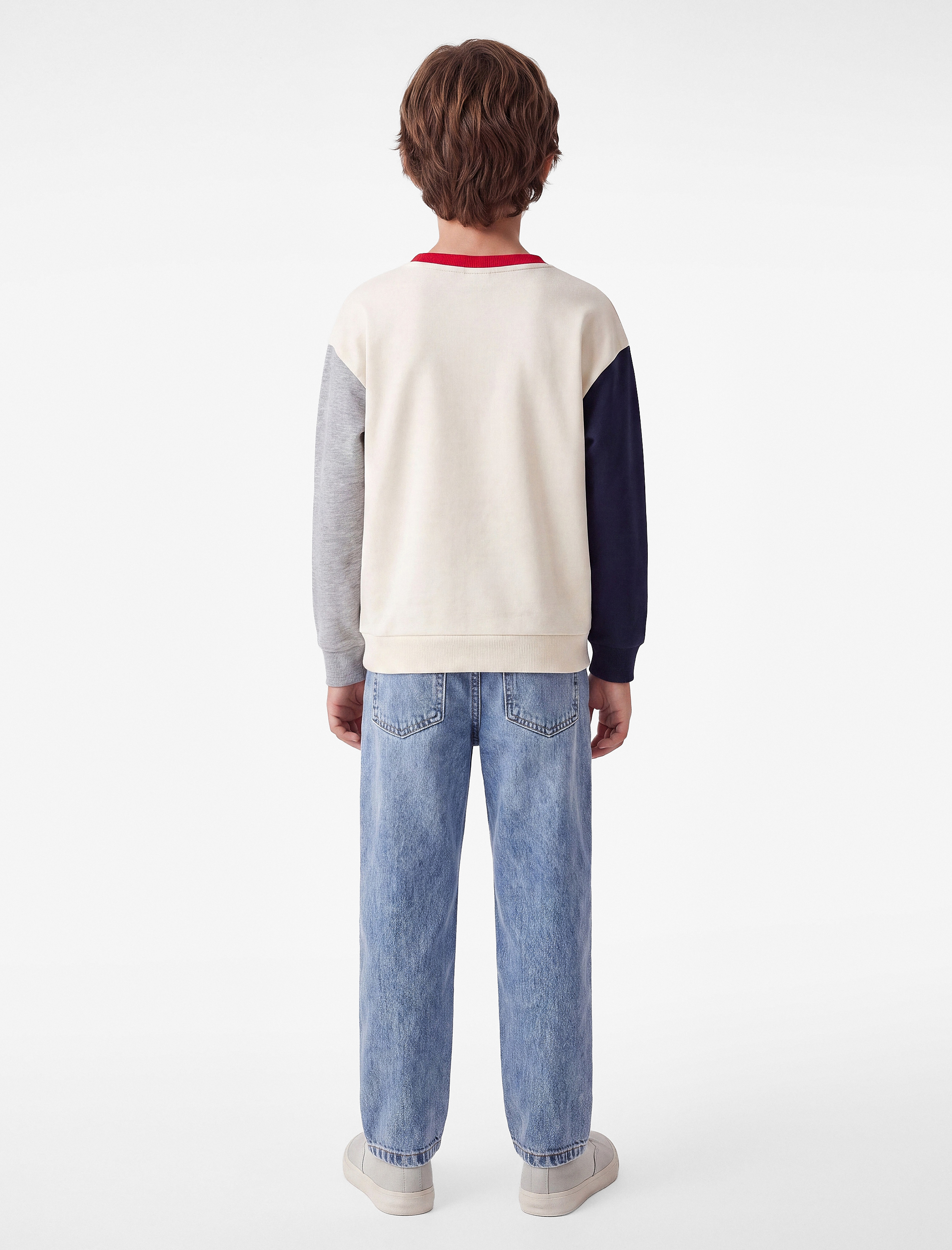 Erkek Çocuk Renk Bloklu Uzun Kollu Bisiklet Yaka Baskılı Sweatshirt