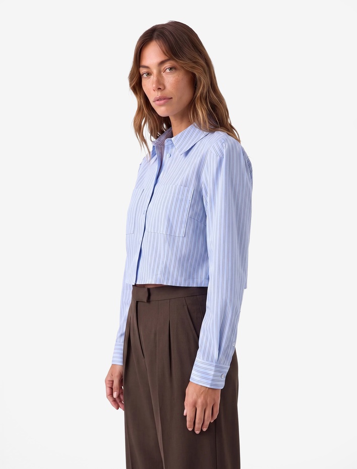  Pamuklu Regular Fit Pileli Cepli Uzun Kollu Klasik Yaka Çizgili Crop Gömlek