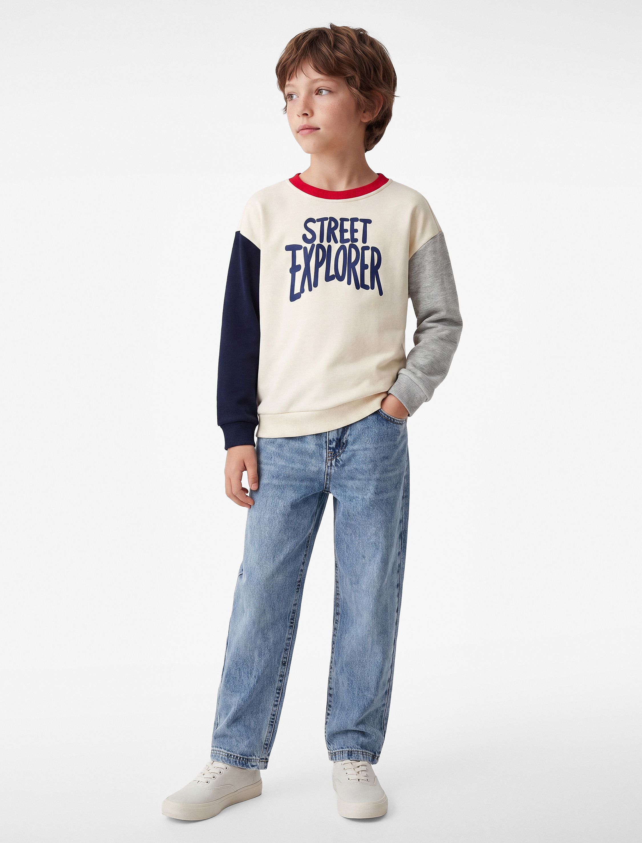  Erkek Çocuk Renk Bloklu Uzun Kollu Bisiklet Yaka Baskılı Sweatshirt