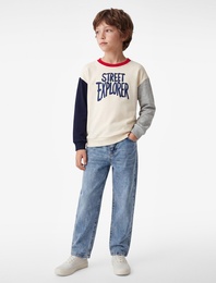 Renk Bloklu Uzun Kollu Bisiklet Yaka Baskılı Sweatshirt