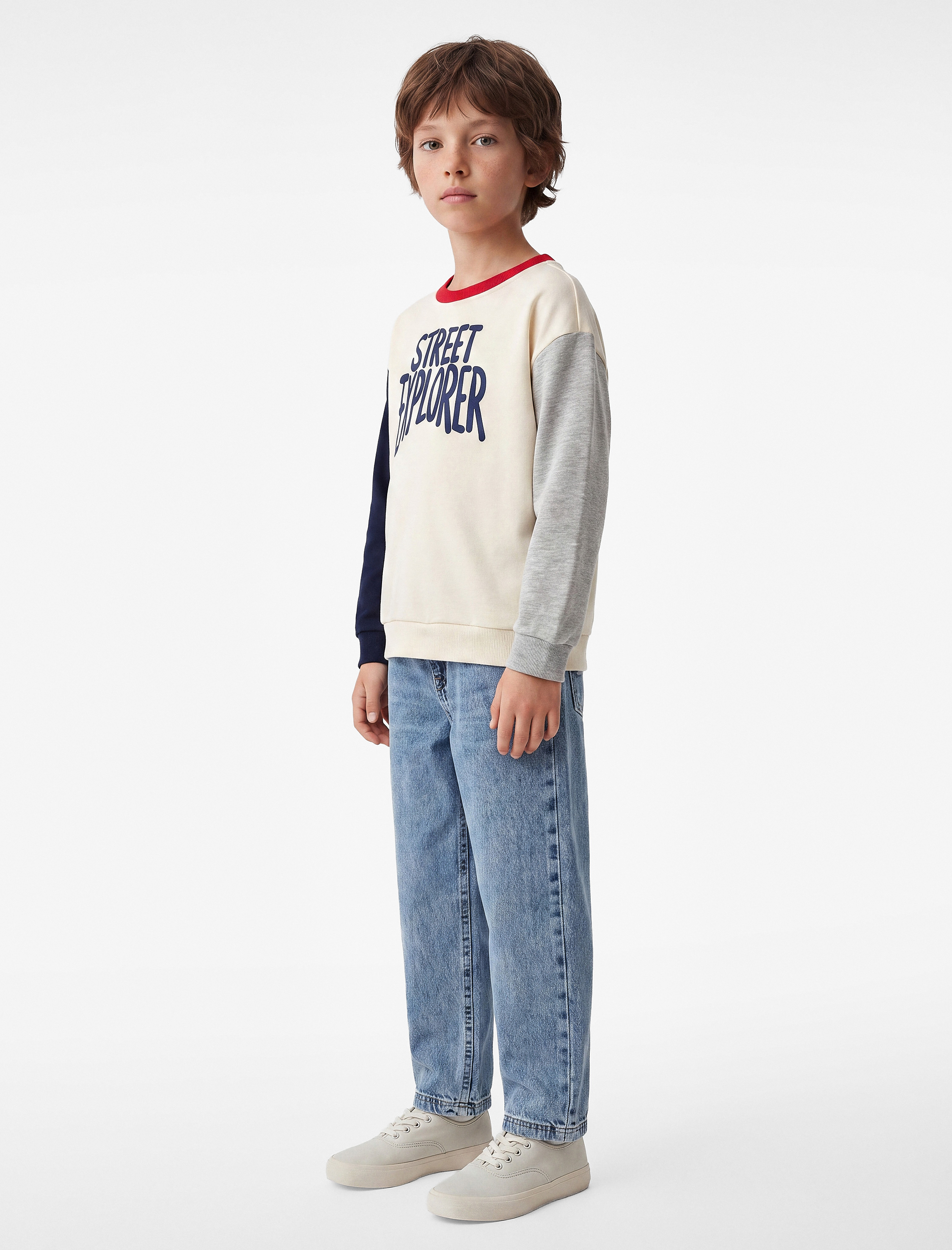  Erkek Çocuk Renk Bloklu Uzun Kollu Bisiklet Yaka Baskılı Sweatshirt
