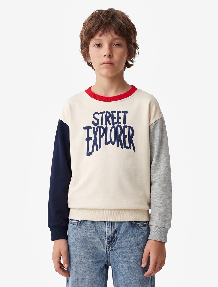Erkek Çocuk Renk Bloklu Uzun Kollu Bisiklet Yaka Baskılı Sweatshirt