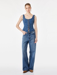 Bağcıklı Slim Fit Pamuklu U Yaka Kolsuz Denim Korse Bluz