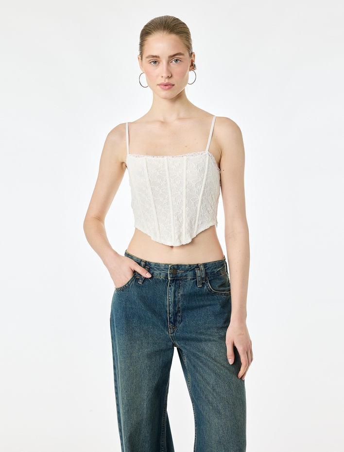  Slim Fit İp Askılı Crop Dantel Korse Bluz