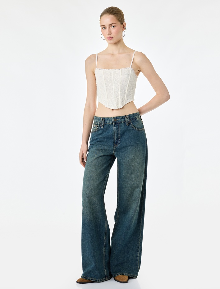 Slim Fit İp Askılı Crop Dantel Korse Bluz