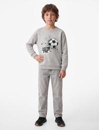 İki İplik Şardonlu Baskılı Bisiklet Yaka Uzun Kollu Sweatshirt