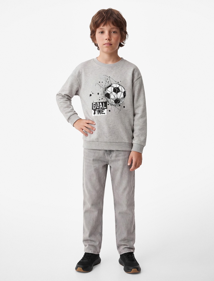 Erkek Çocuk İki İplik Şardonlu Baskılı Bisiklet Yaka Uzun Kollu Sweatshirt