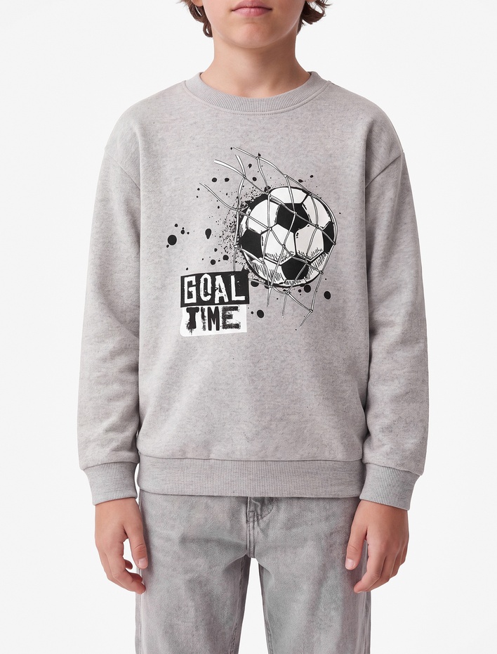 Erkek Çocuk İki İplik Şardonlu Baskılı Bisiklet Yaka Uzun Kollu Sweatshirt