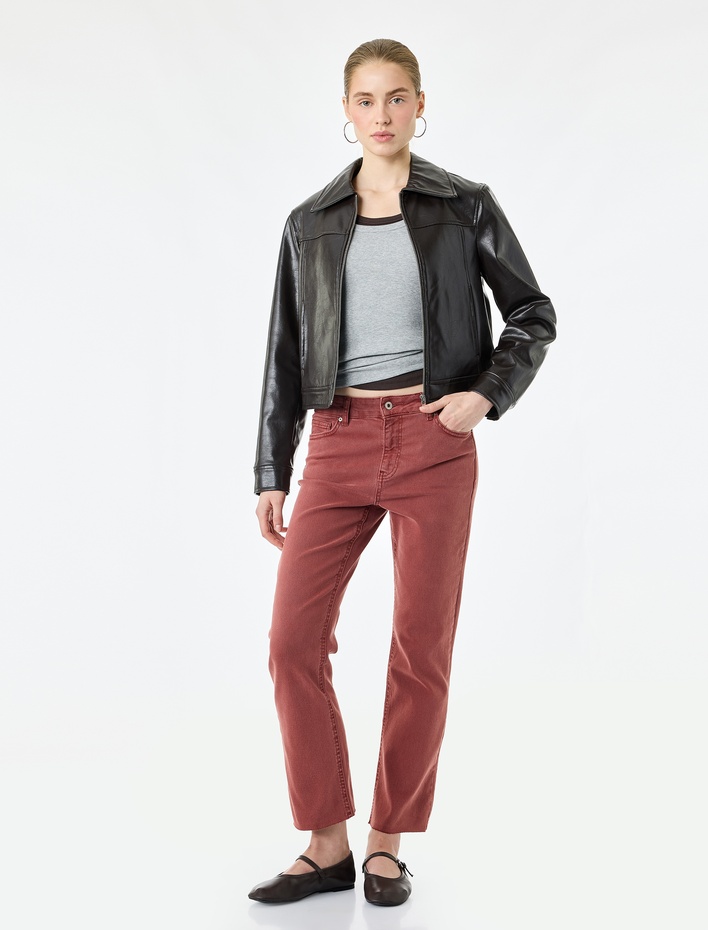  Pamuklu Dar Kalıp Düğmeli Cepli İspanyol Paça Crop Jean Pantolon -  Kick Flare Jeans