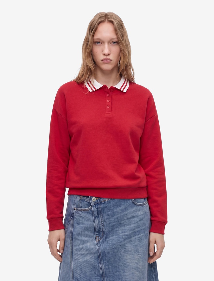  Rahat Kalıp Düğmeli Uzun Kollu Çizgili Polo Yaka Sweatshirt