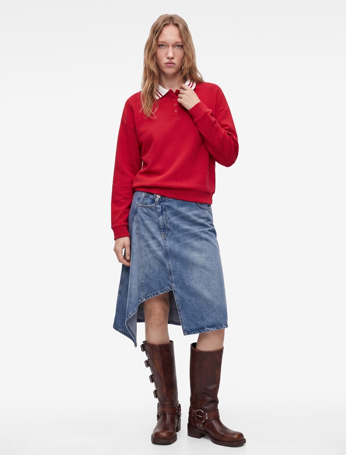  Rahat Kalıp Düğmeli Uzun Kollu Çizgili Polo Yaka Sweatshirt