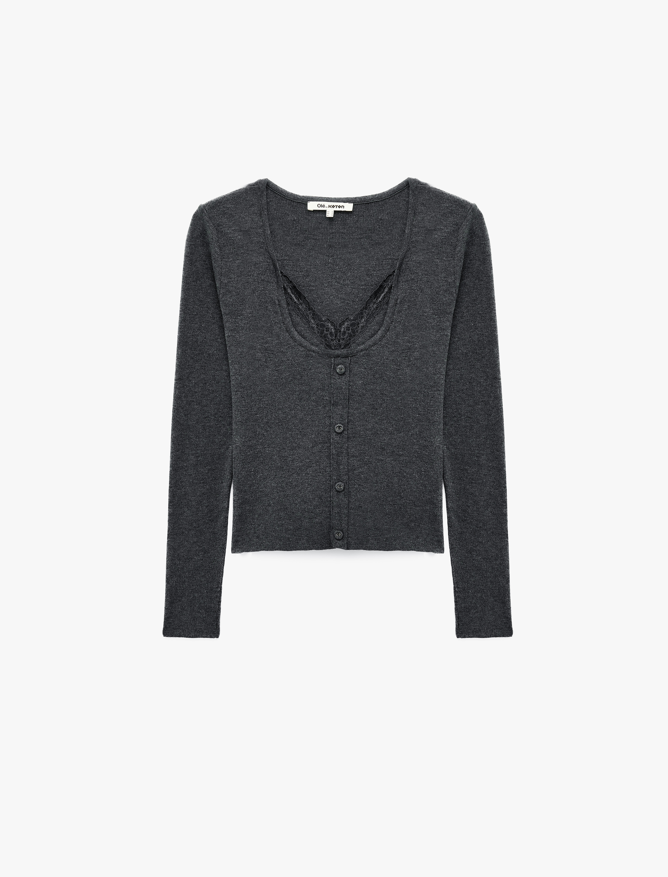 Koton İkili Katmanlı Dantel Detaylı Slim Fit U Yaka Uzun Kollu Düğmeli Triko Hırka görsel 6