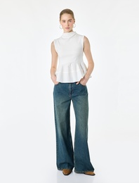 Pamuklu Slim Fit Kolsuz Dik Yaka Kaşkorse Peplum Bluz