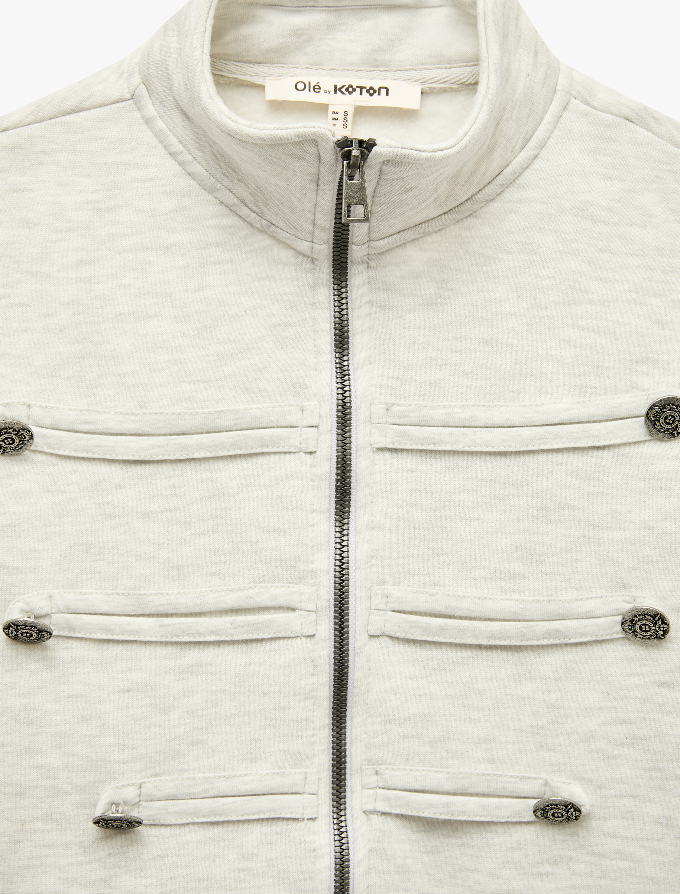   Metal Düğmeli Dik Yaka Fermuarlı Military Sweatshirt