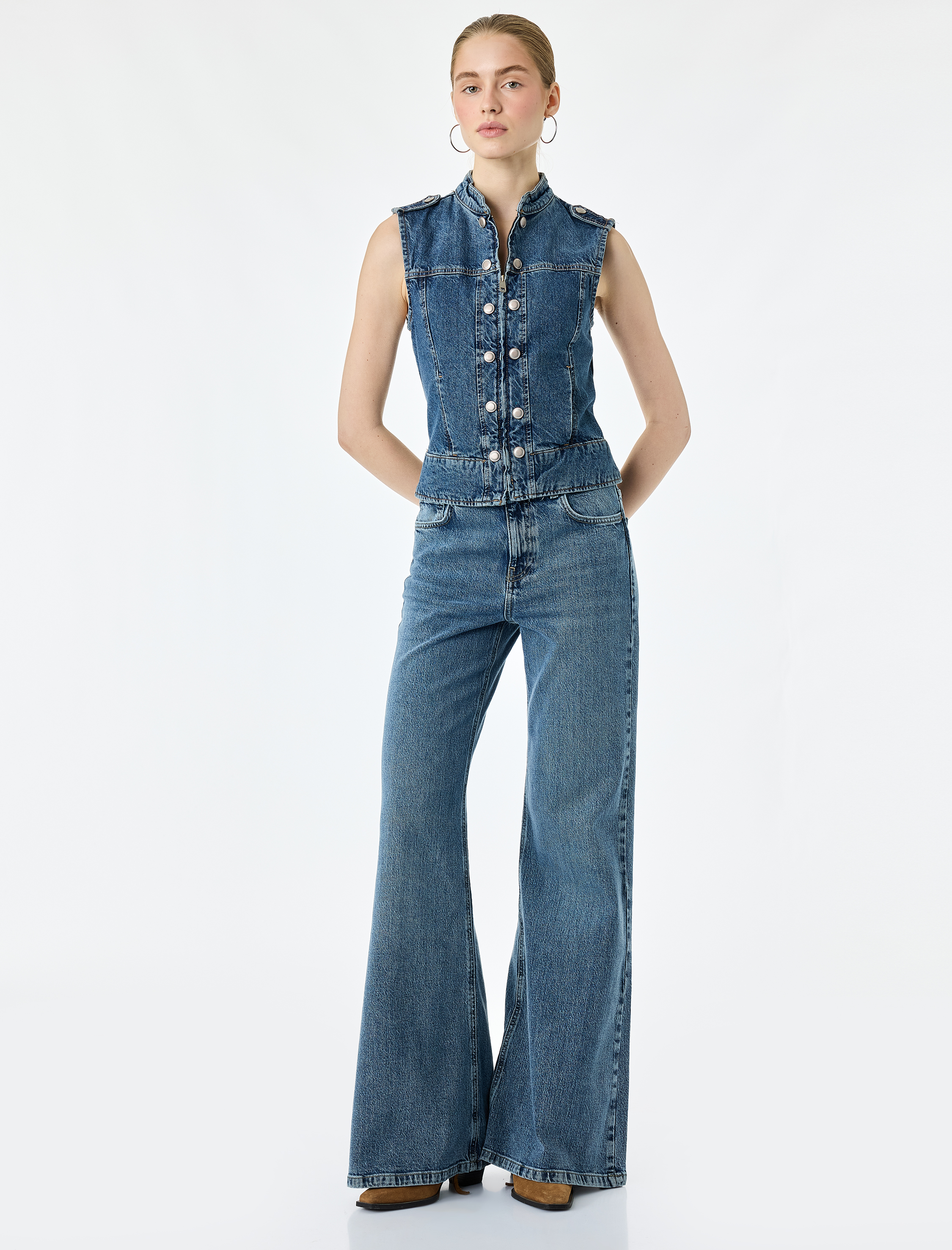   Normal Bel Düğmeli Cepli İspanyol Paça Denim Pantolon - Flare Jeans